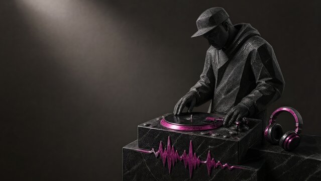 Polished neon marble DJ producer figure with headphones turntable mixer vinyl and microphone on vibrant blue studio backdrop