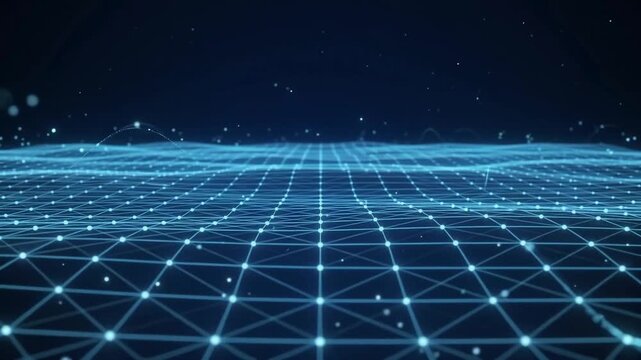 Glowing cyan wireframe mesh rippling like a digital ocean of light points, a futuristic backdrop for technology and data concepts.