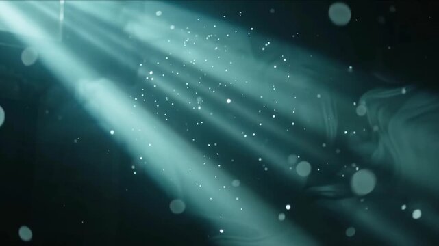 Soft teal light beams cutting through dark haze with drifting dust motes, a moody cinematic atmosphere for titles and overlays.
