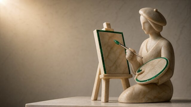 Polished sapphire marble painter fine artist figure with canvas palette easel brush and beret on cool blue studio backdrop