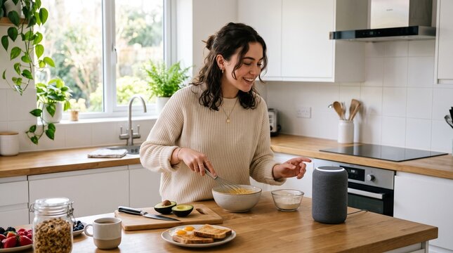 Woman using smart speaker while preparing breakfast in a modern kitchen