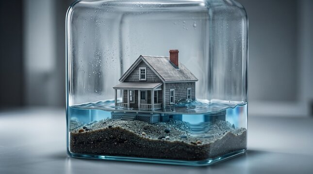 Miniature house surrounded by rising water inside a glass jar with gravel, blue waves, gray siding, and red chimney, dramatic flood concept still life. Global warming and sea level rise concept