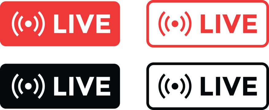 Live broadcast status badge vector icon set. Real-time video transmission, podcast streaming, and online show indicator symbol. Rounded rectangular live tags featuring radio wave signals