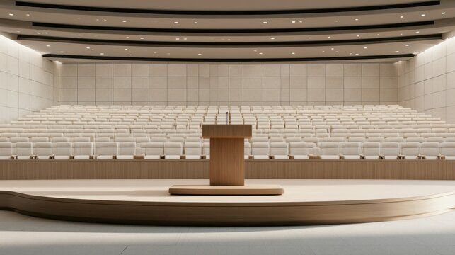 Modern empty auditorium with wooden podium microphone and tiered seating arrangement in bright neutral color scheme