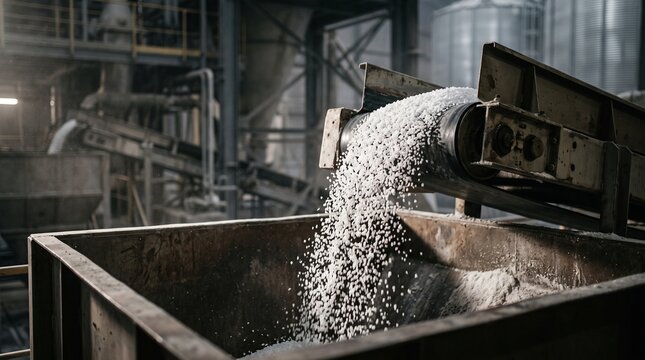 White urea fertilizer granules flowing from an industrial conveyor into a large metal hopper inside a processing facility. Global fertilizer transportation, food security and supply chain concept