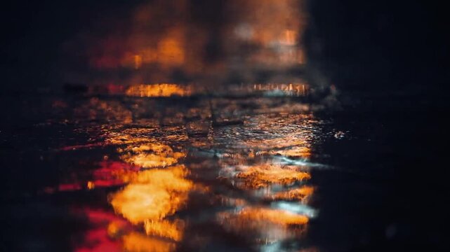 Falling raindrops created ripples that reflected the shimmering orange-red and golden glow of the city lights.