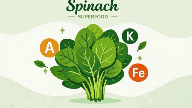 Fresh spinach superfood illustration with vitamin a, potassium k and iron fe icons floating around leafy greens; healthy eating concept