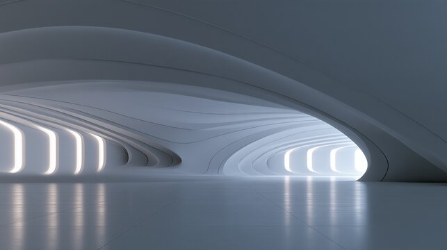 Modern futuristic organic curved empty interior corridor with smooth gray surfaces and integrated warm lighting contemporary parametric architecture design