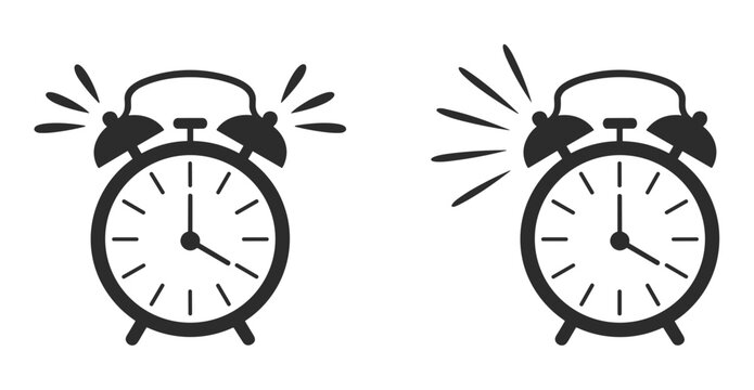 Twin Alarm Clocks Ringing: Two vintage-style alarm clocks are depicted in a graphic illustration, with sound waves emanating from their bells, indicating they are ringing to signal a specific time.