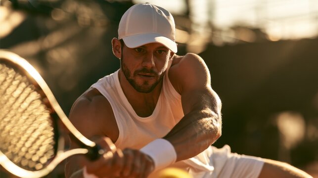 Focused male tennis player in white sportswear hitting backhand shot outdoors during sunset golden hour match