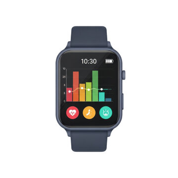 Smartwatch with colorful bar graph displaying fitness metrics and health data on a dark blue strap