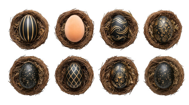 Set of eight decorative easter eggs with various gold patterns in rustic bird nests isolated on transparent background