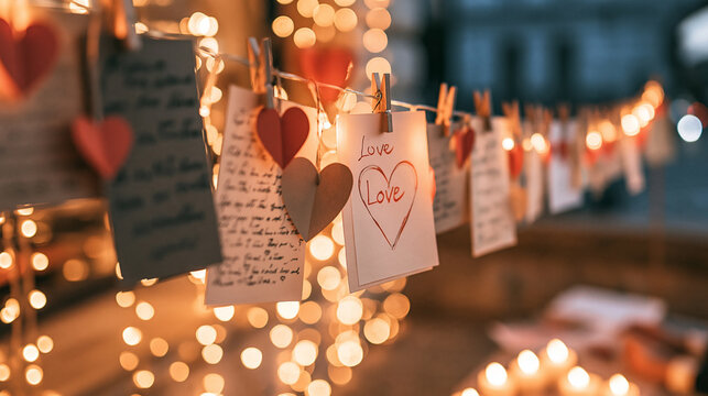 Hand written love letters and paper hearts strung with warm, glowing lights