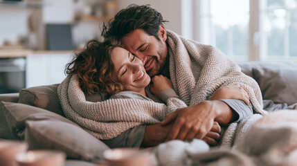 Fototapeta premium Happy couple embracing on sofa, enjoying comfort and loving intimate moments at home