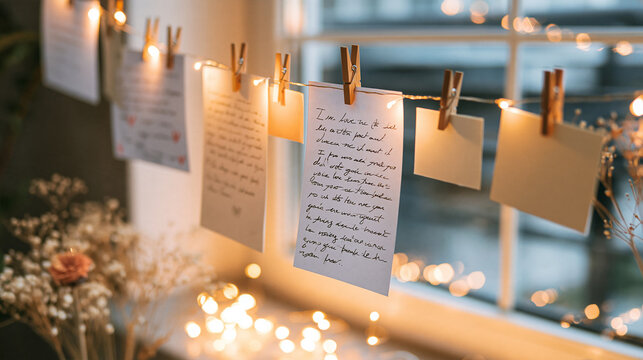 Hanging handwritten love letters and blank cards with string lights, sharing sentiments