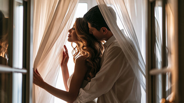 Romantic couple embracing by window, enjoying tender moment in soft morning light