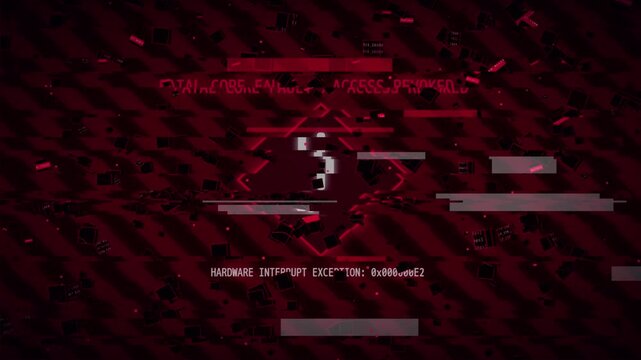 Critical system crash animation with red digital interface glitches, data breach alerts, and error warning