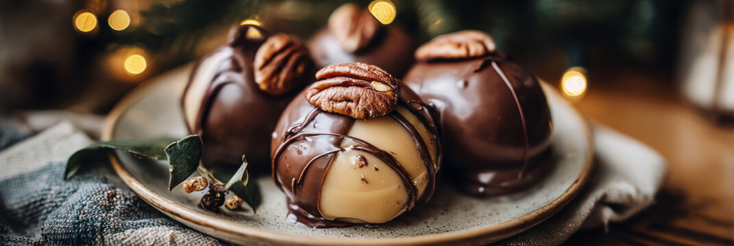 The dessert sits on a plate in a cafe. The creamy milk chocolate mousse features a shiny mirror glaze. Sparkling powdered sugar adds a finishing touch