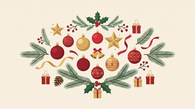 A festive vector collection of Christmas decorations featuring red and gold ornaments, stars, evergreen branches, holly berries, and gift boxes on a light background.   