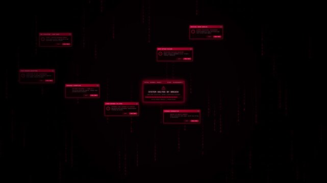 critical system failure alert animation with red warning windows and digital glitch code background
