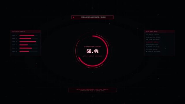 critical system error animation with red deadlocked process interface, cyber security failure, technology alert, hardware crash