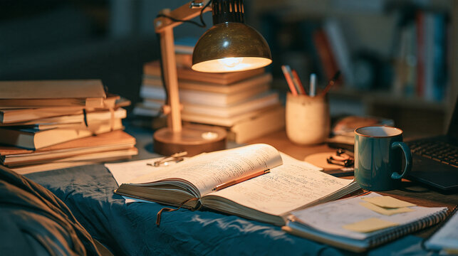 Cozy study space with open notebook and warm lamp illuminating the desk.
