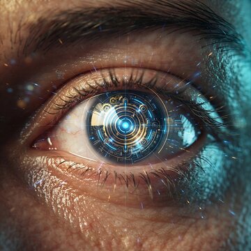 Macro extreme close-up of a human eye integrated with a digital cybernetic lens and robotic iris mechanisms