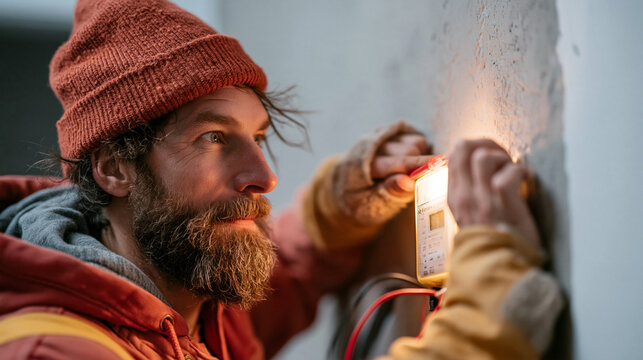 A focused Caucasian male electrician using a multimeter on a wall.