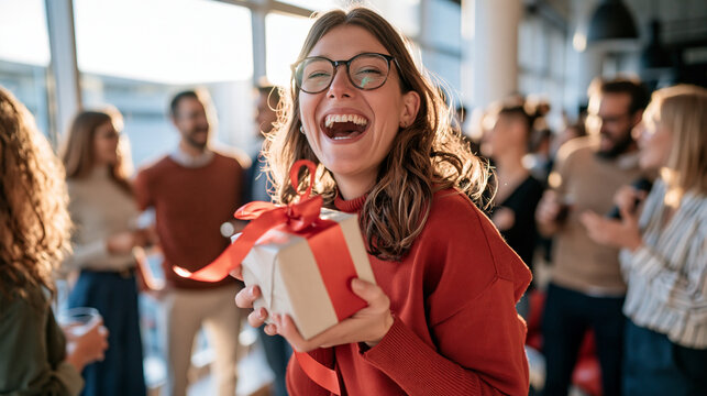 Happy young woman with glasses joyfully holding a gift at a celebration.