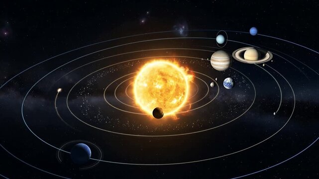A dazzling cinematic, scientifically-proportioned rendering of the solar system, beautifully depicting all major planets orbiting the luminous sun within a vast, star-filled cosmos.