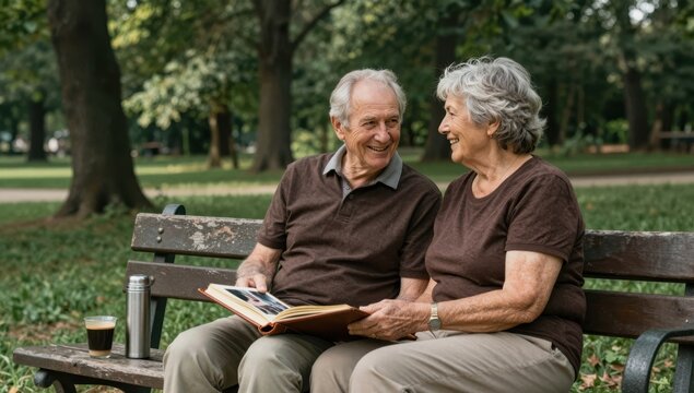 Happy Senior Couple Sharing a Nostalgic Moment While Looking Through a Photo Album on a Wooden Bench in a Sunlit Green Park during Summer Afternoon