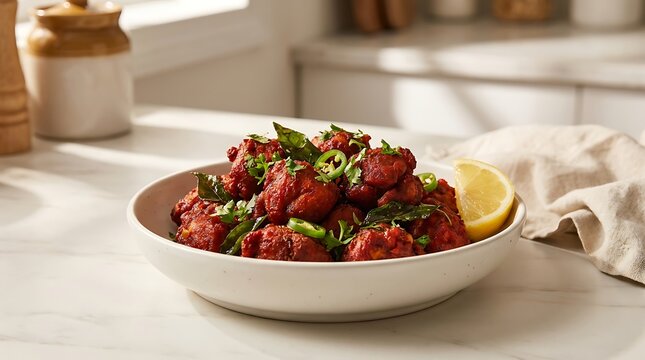 Delicious bowl of spicy beef stir fry with fresh green herbs served in a modern bright kitchen. chicken 65