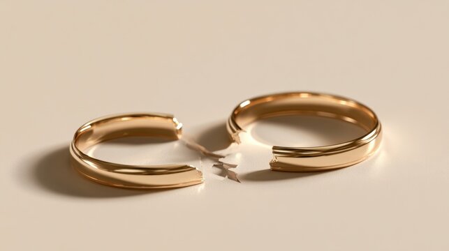 Broken gold ring split into two halves symbolizing separation end of relationship or commitment close up on neutral background