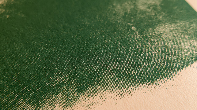 Green ink print texture on textured paper with halftone raster. Macro of printed screenprint edge. Inkjet and press dot texture
