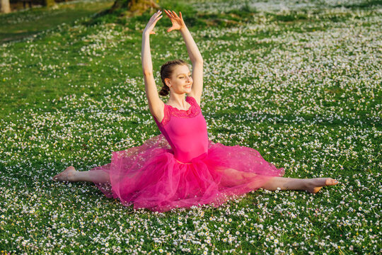 Ballerina in pink tutu performing split in daisy-covered field