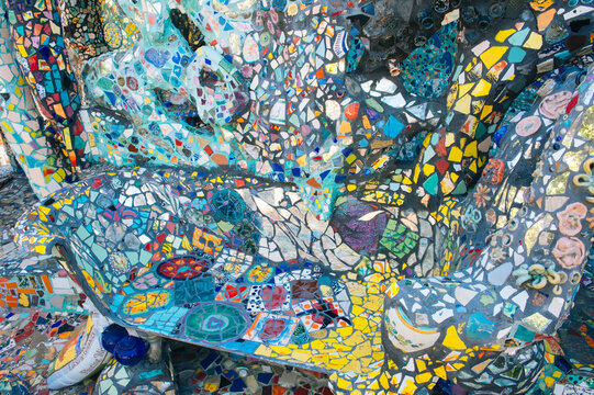 Colorful mosaic ceramic tile bench and art installation