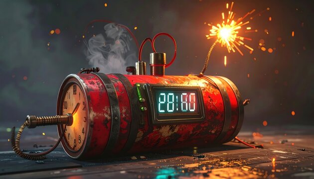 Explosive Bomb with Digital Timer and Sparking Fuse, Danger, Countdown