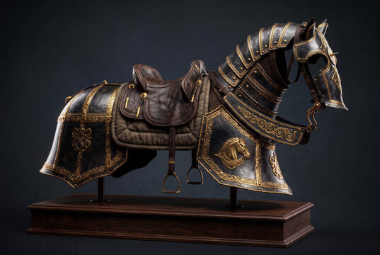 Ornate medieval knight cavalry barding, antique steel equestrian saddle armor on display.