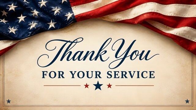American flag draped with a thank you message for military service and veterans