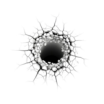 A dramatic black hole with shattered concrete and cracks radiating outward