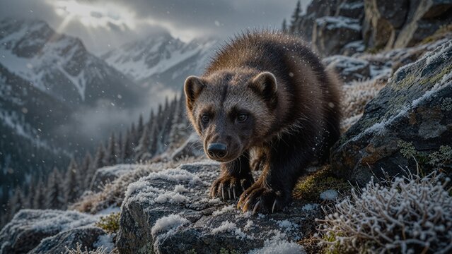 Macro cinematic shot of a North American wolverine on a frost-covered rocky ridge in winter mountains