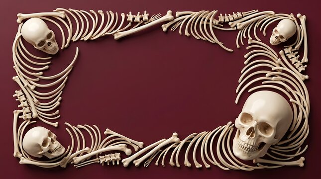 Gold skeleton frame with skulls and bones forming decorative border against maroon background Halloween Background