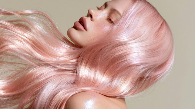 Woman with long silky pastel pink hair flowing gently, elegant salon beauty portrait highlighting vibrant color, shine, and healthy texture.
