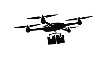 Fototapeta premium Delivery drone carrying a package is depicted as a black silhouette quadcopter