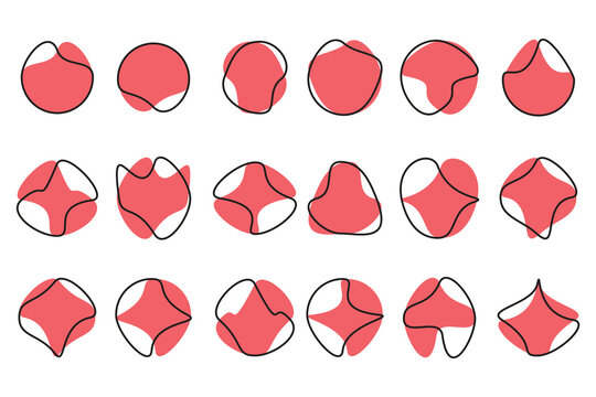 Organic amoeba blob shape abstract red color with line vector illustration isolated on transparent background. Set of irregular round blot form graphic element. Doodle drops with outline circle
