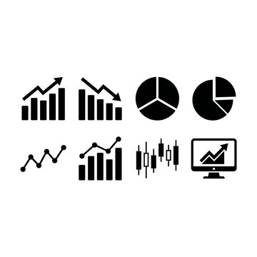 Business chart and analytics icon set with bar graph, growth arrow, pie chart, line graph, candlestick and dashboard, black glyph vector illustration isolated on white background