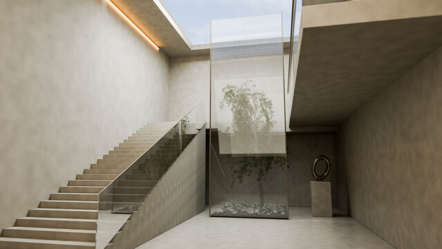 Modern indoor staircase with tree enclosure and sculpture
