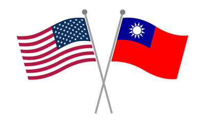 Fototapeta premium Crossed national flags of United States and Taiwan on flagpoles representing diplomatic relations, international partnership and geopolitical cooperation vector illustration