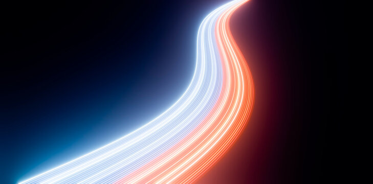 Curved blue and red light trails on dark background