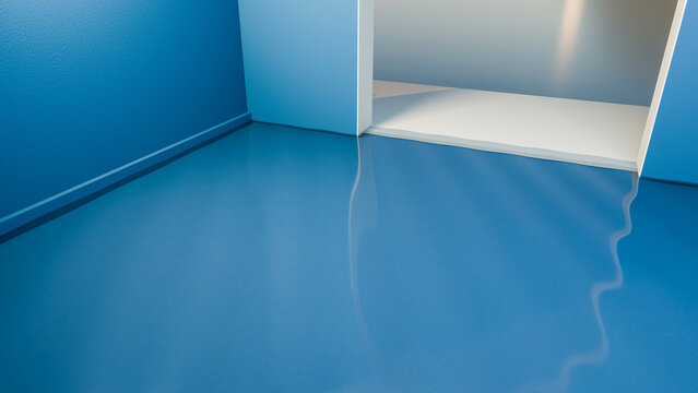 Blue shiny floor with white threshold in modern minimalist interior
